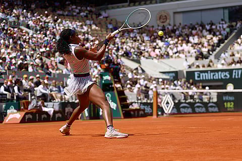 Coco Gauff plays a shot against Iga Swiatek during semifinal match